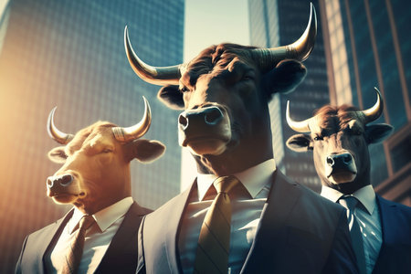 Businessmen with bull heads on the background of skyscrapers.の素材