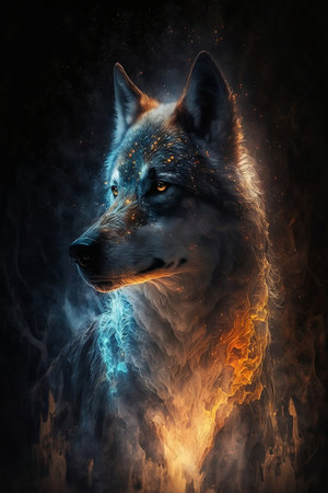 Beautiful portrait of a wolf in fire flames on a black backgroundの素材