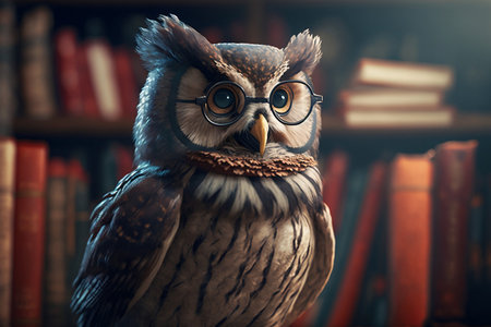 Owl in glasses on the background of a bookshelf.の素材