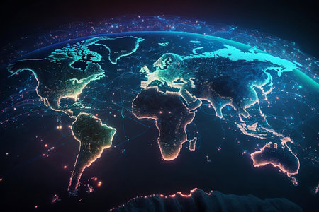 Global network connection over the world map. 3D rendering double exposureの素材