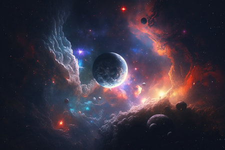 Abstract space background with planets, stars and nebula. 3d renderingの素材