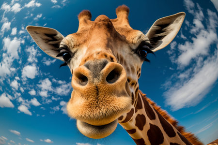 Portrait of a giraffe with blue sky and clouds in the backgroundの素材
