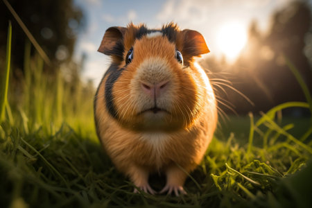 Guinea pig on green grass in sunset light. Close up.の素材