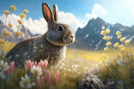 Rabbit on the meadow with flowers. 3D illustration.の素材