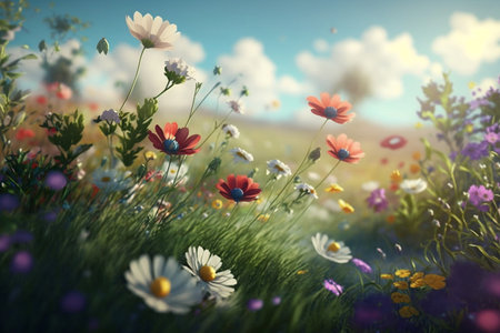 Beautiful flowers in the meadow. Nature background. 3d renderの素材