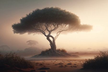 African tree in a misty landscape. 3d render illustration.の素材