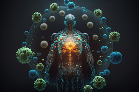 Human body with virus cells, 3D illustration, medical background.の素材