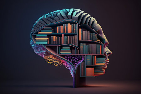 Human brain made of books on a dark background. 3d renderingの素材