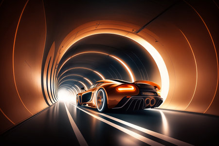 3D rendering of a futuristic orange sports car in a tunnel.の素材