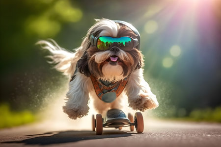 Shih tzu rides a skateboard on a sunny summer dayの素材