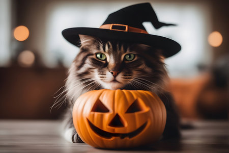 Cute cat in witch hat with pumpkin for halloween.の素材