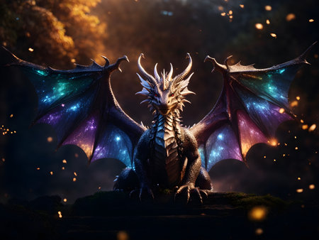 Fantasy scene with fantasy dragon on dark background. 3d renderingの素材