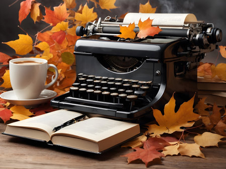 Retro typewriter, books and autumn leaves on a wooden tableの素材