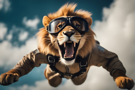 Portrait of a funny lion wearing aviator goggles and flying in the skyの素材