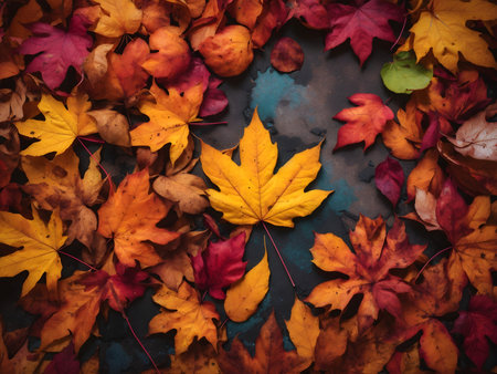 Colorful autumn leaves on a dark background. Top view, flat layの素材