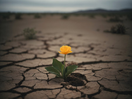 Yellow flower on cracked earth. Conceptual image. Toned.の素材