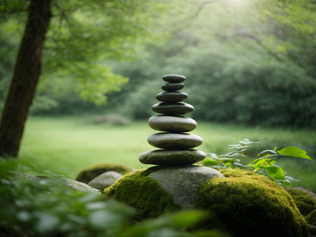 Pile of zen stones on green moss in a forest.の素材