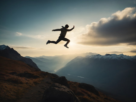 Man jumping in the air with mountains in the background at sunset.の素材