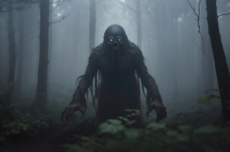 Scary horror creature in dark forest with fog. Halloween concept.の素材