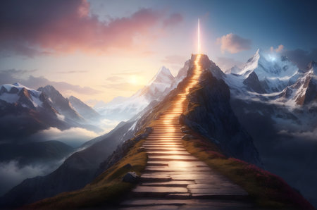 Staircase leading to the top of the mountain, 3d renderingの素材