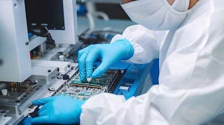 Close-up of a technician in a protective suit and gloves is repairing a computer motherboard.の素材