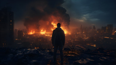 Man standing in front of burning city. Mixed media.の素材