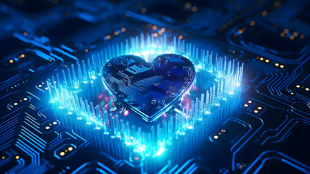 Heart in the motherboard. 3d rendering, 3d illustration.の素材