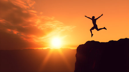 Silhouette of a man jumping over a cliff against a sunset backgroundの素材