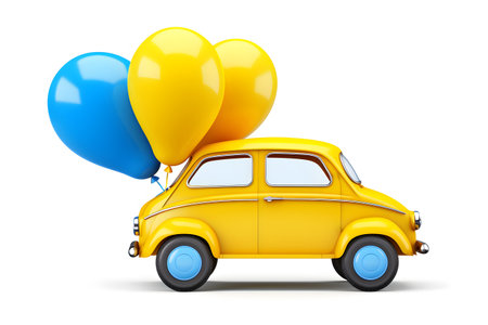 Yellow retro car with balloons isolated on white background. 3d renderの素材