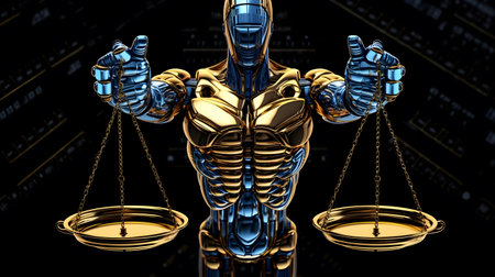 Cyborg holding scales of justice, 3d rendering. Computer digital drawing.の素材