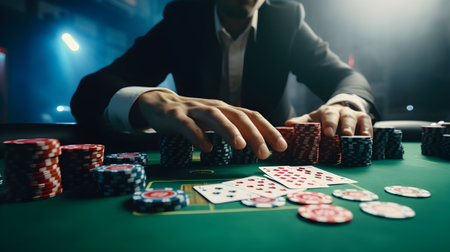 Close-up image of a young caucasian man playing poker at the casinoの素材