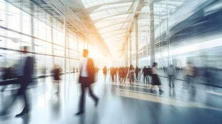 Blurred image of business people walking in the lobby of the airportの素材