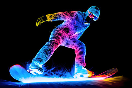 Snowboarder in neon light on black background. 3D renderingの素材