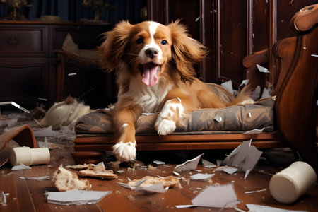 Cute dog lies on the floor in a room with mess.の素材