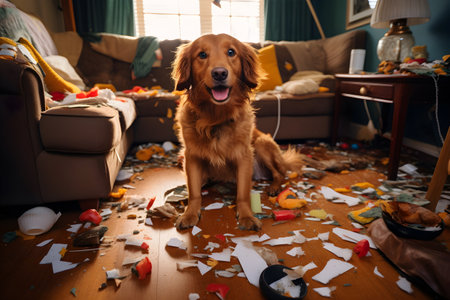 Funny golden retriever dog sitting on floor with mess in roomの素材