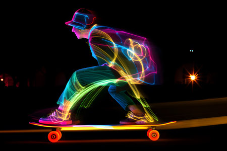 Skateboarder on longboard in neon light on black backgroundの素材