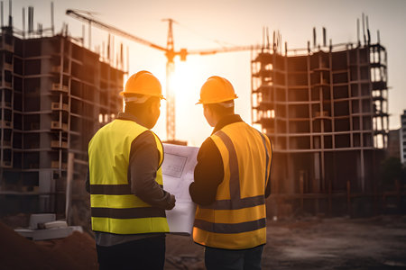Engineer and Architect at Construction Site with blueprint and building under construction.の素材