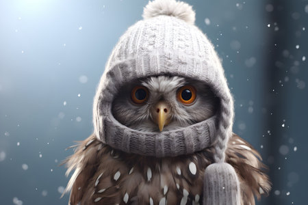 Owl in a winter hat and scarf on a blue background.の素材