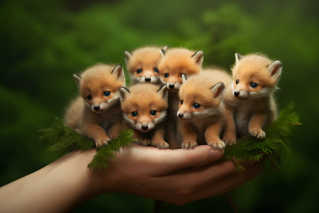 Group of little red foxes in the hands of a girl.の素材