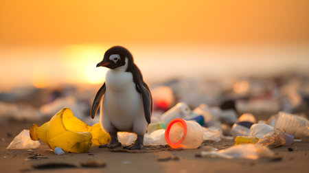 Gentoo penguin and garbage on the beach at sunset.の素材