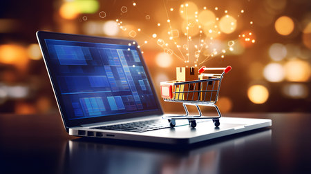Shopping cart on laptop screen. Online shopping concept. 3D renderingの素材