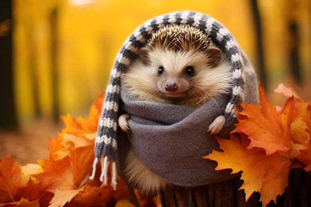 Hedgehog in a scarf on a background of autumn leaves.の素材