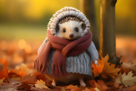 Cute little hedgehog in scarf on autumn leaves background, closeupの素材