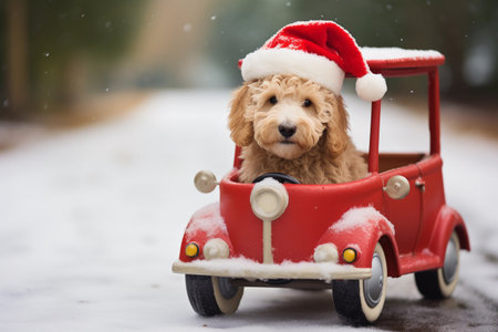 Cute dog in red car with Santa Claus hat. Christmas concept.の素材