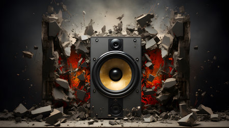 Grunge music background with speaker and broken wall, 3d illustrationの素材