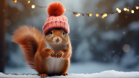 Cute squirrel in winter hat sitting on snow and looking at cameraの素材