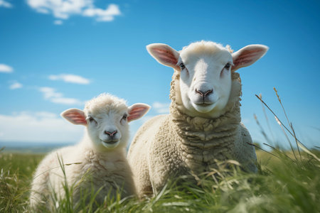 Sheep and lamb on a green meadow with blue sky backgroundの素材