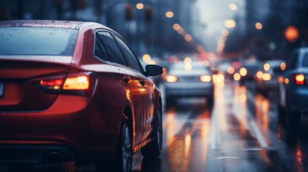Car on the road in the rain. Blurred traffic background.の素材