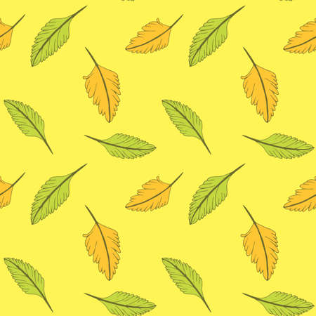 Autumn leave. Seamless pattern in warm autumn colors. Leaves on a yellow background.
