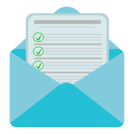 Vector envelope with a document. The envelope contains a document with a list. Illustration image of a letter in a flat style. Sending mail.のイラスト素材